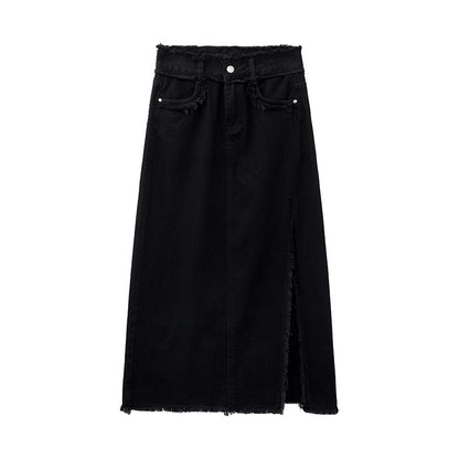 Slit Burrs Denim Skirt For Women