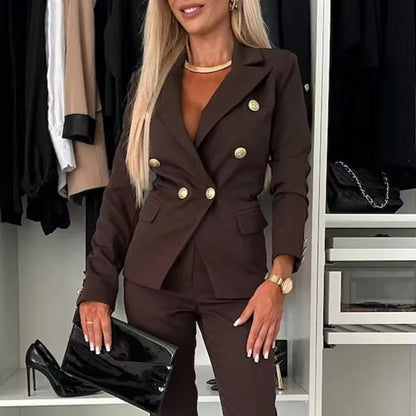 Casual Blazer Suit Slim Lapel Double-breasted Jacket And Zip-up Trousers Women's Clothing