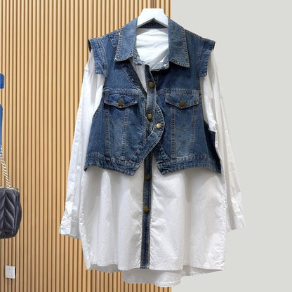 Design Sense Fake Two Pieces Denim Shirt Jacket Women