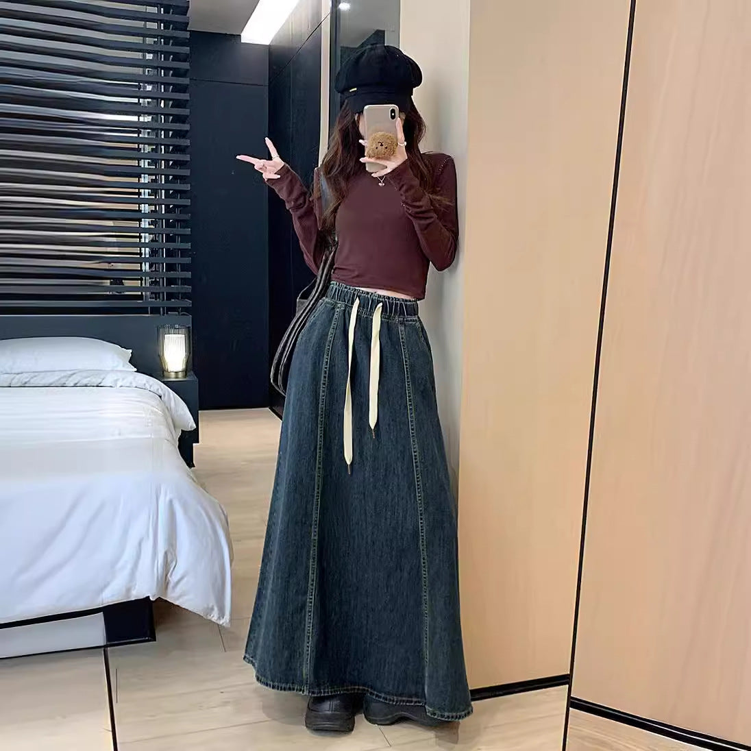 Elastic Waist Drawstring Dark Blue Denim Skirt For Women