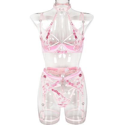Love Drill Buckle Sexy Cutout Embroidered Sexy Lingerie Suit