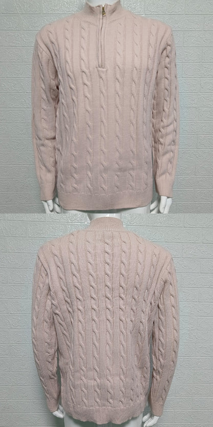 Mens Slim-fit Knitted Zip-up Mock-neck Long-sleeve Sweater