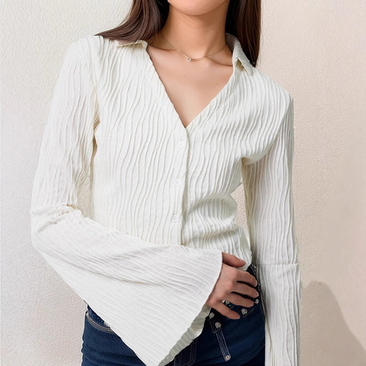 Lapel Cardigan Flare Sleeve Blouse Women