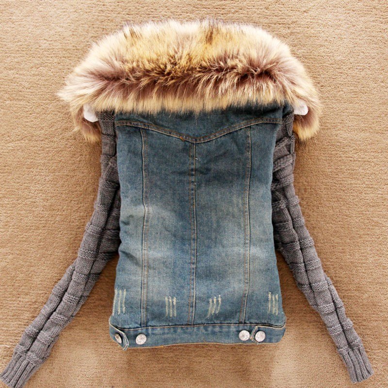 Hot Sale Autumn New cowboy jacket Large fur collar hooded wool sleeve denim jacket Plus size S-5XL ladies fashion jacket