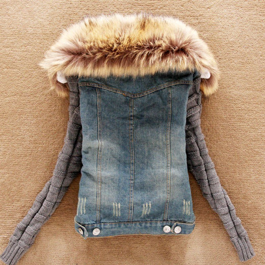Hot Sale Autumn New cowboy jacket Large fur collar hooded wool sleeve denim jacket Plus size S-5XL ladies fashion jacket