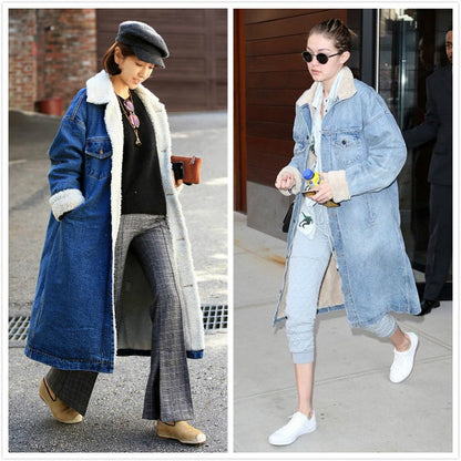 Lamb Wool Thick Denim Jacket Women Mid-length Plus Cashmere