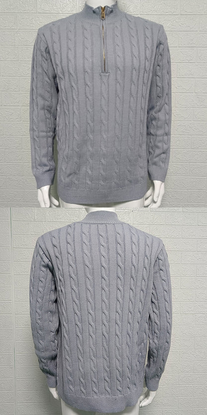 Mens Slim-fit Knitted Zip-up Mock-neck Long-sleeve Sweater