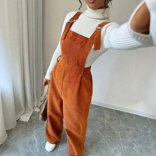 Corduroy Loose Straight Bib Pants Women