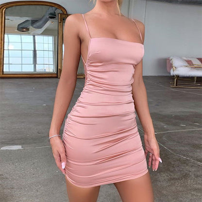 New Summefr Satin Spaghetti Strap Party Dress Women