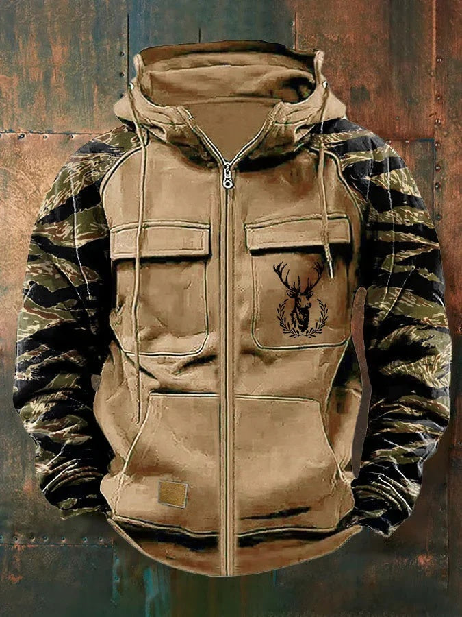 Mens Multi-Pocket Cargo Hoodie With Zippers And Color-Block Design