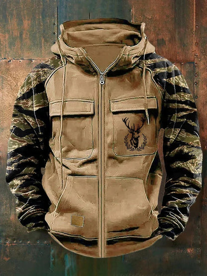 Mens Multi-Pocket Cargo Hoodie With Zippers And Color-Block Design