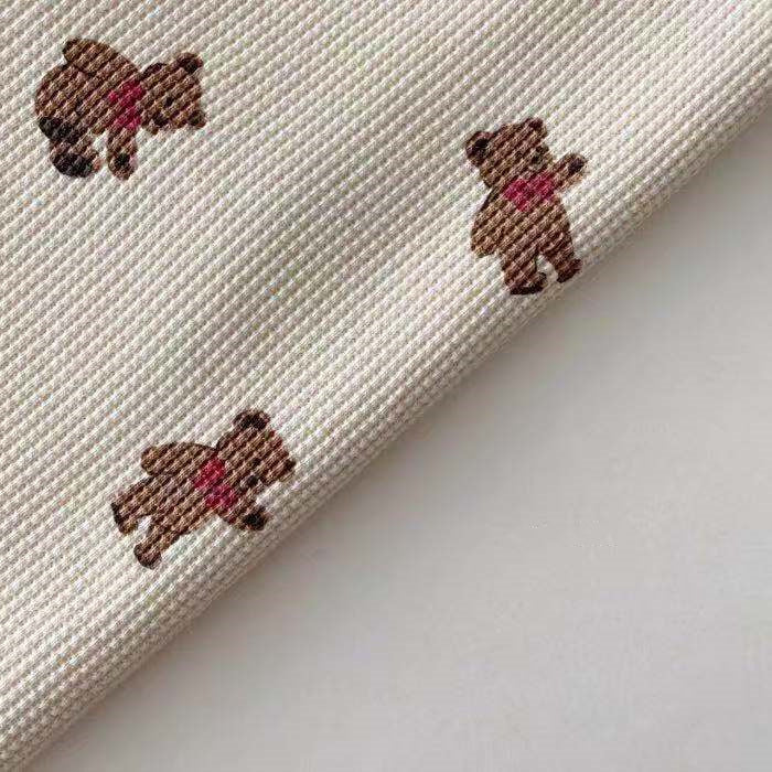 Infant And Toddler Cartoon Bear Floral Waffle Round Neck Top