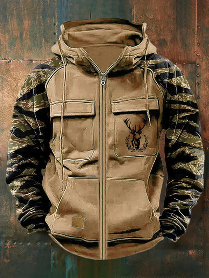 Mens Multi-Pocket Cargo Hoodie With Zippers And Color-Block Design