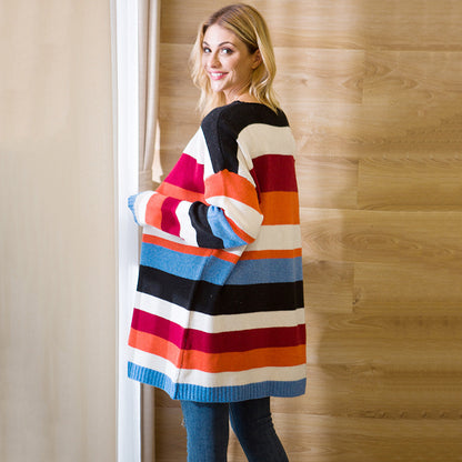 Striped mid-length cardigan sweater