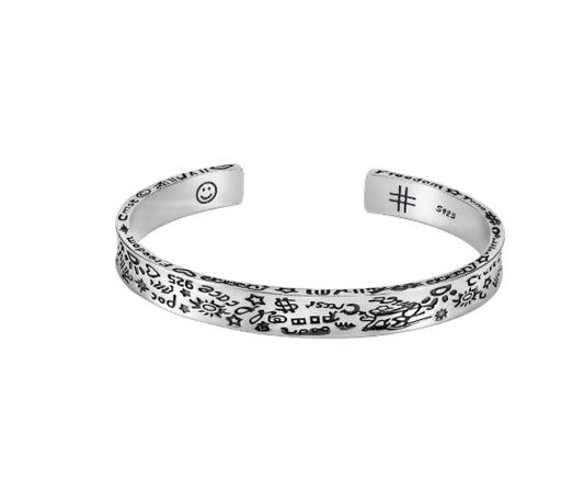 925 Sterling Silver Graffiti Bracelet Men's Hip-hop Retro