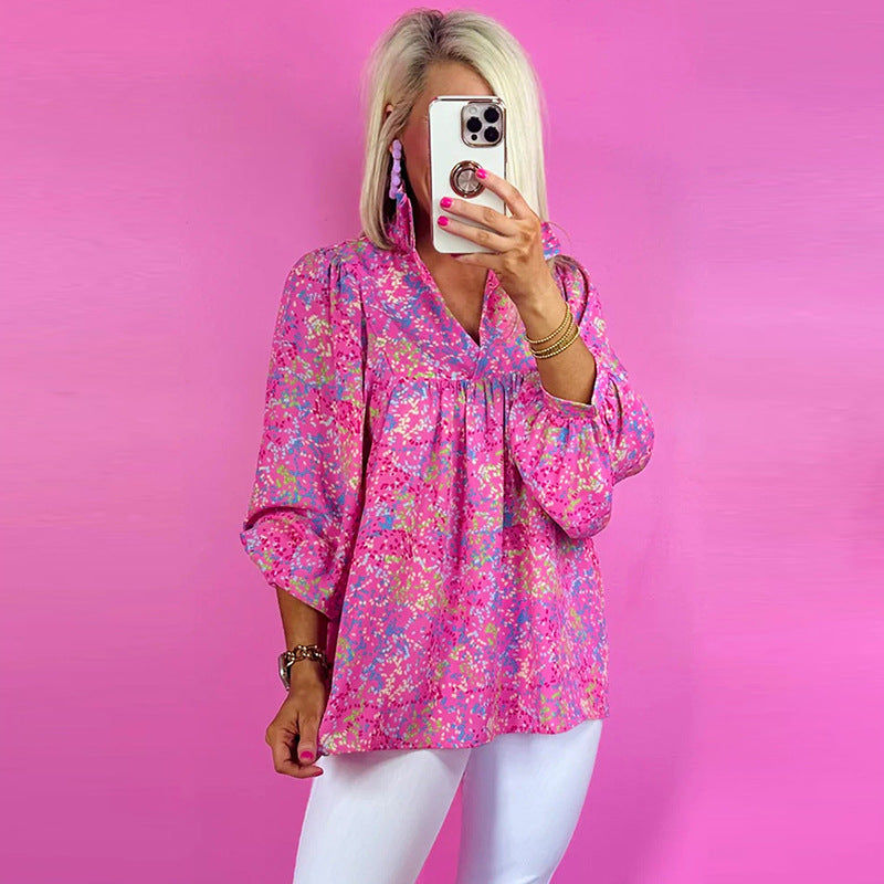 Casual Loose Floral Print Chiffon Blouse For Women