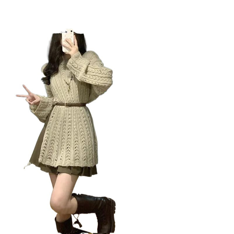 Hollow Out Sweater Pleated Skirt Suit