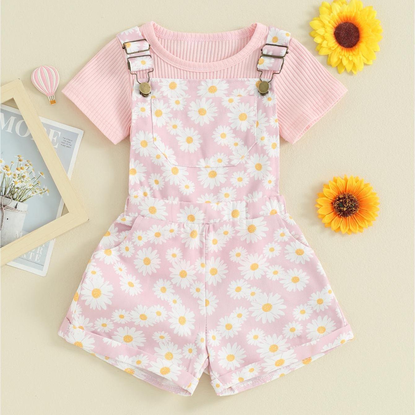 Toddler Girl Shorts Outfit Solid Color Ribbed Short Sleeve