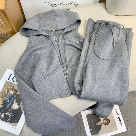 Grey Cotton Sweater Sweater Pants Casual Sportswear Set