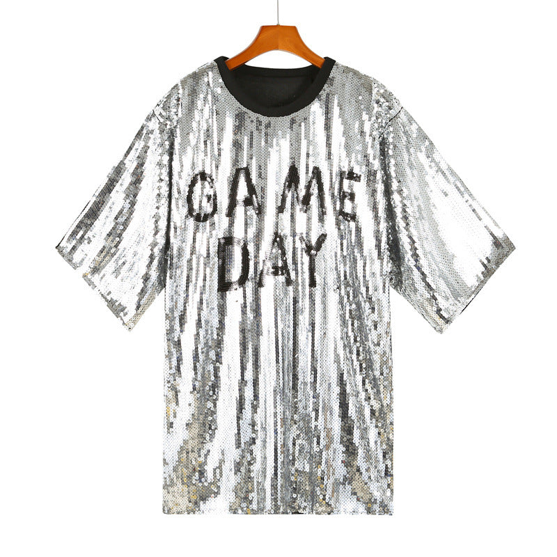 Sequined Short-sleeved Top Loose Plus Size T-shirt For Women