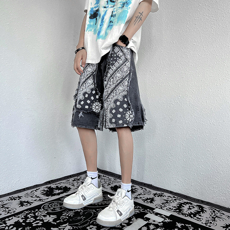 Retro Patchwork Paisley Denim Shorts Men