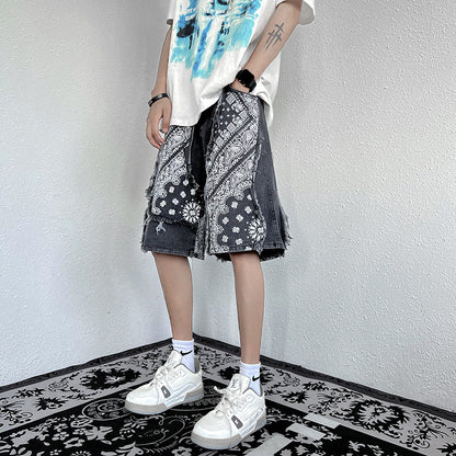 Retro Patchwork Paisley Denim Shorts Men