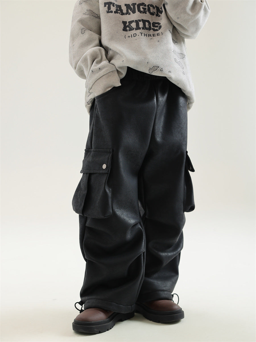 Boy Winter Fleece Lining Workwear Leather Pants