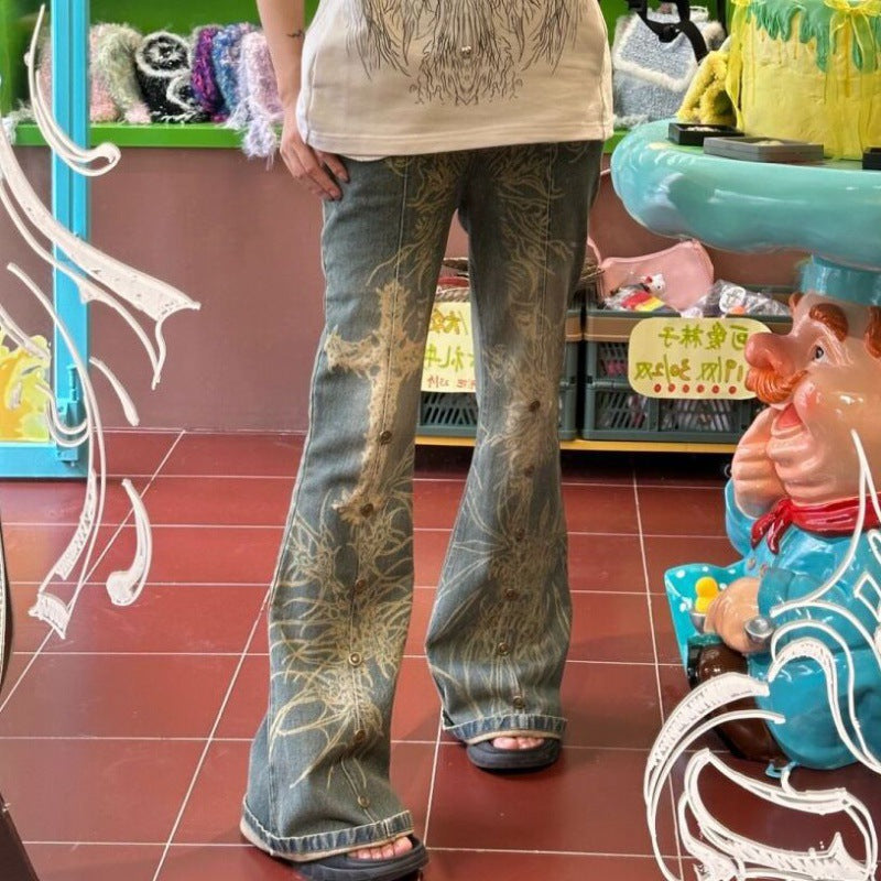 Washed Old Tattoo Slightly Flared Jeans Women