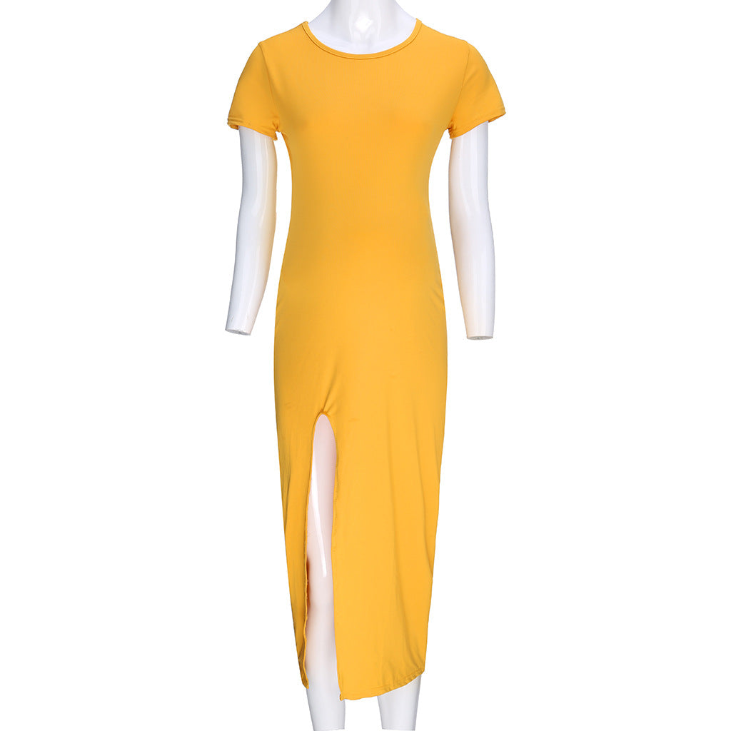 Retro Literary Women's Round Neck Short Sleeved Slit Maternity Comfortable Dress