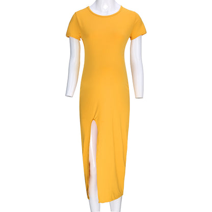 Retro Literary Women's Round Neck Short Sleeved Slit Maternity Comfortable Dress