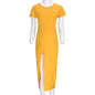 Retro Literary Women's Round Neck Short Sleeved Slit Maternity Comfortable Dress