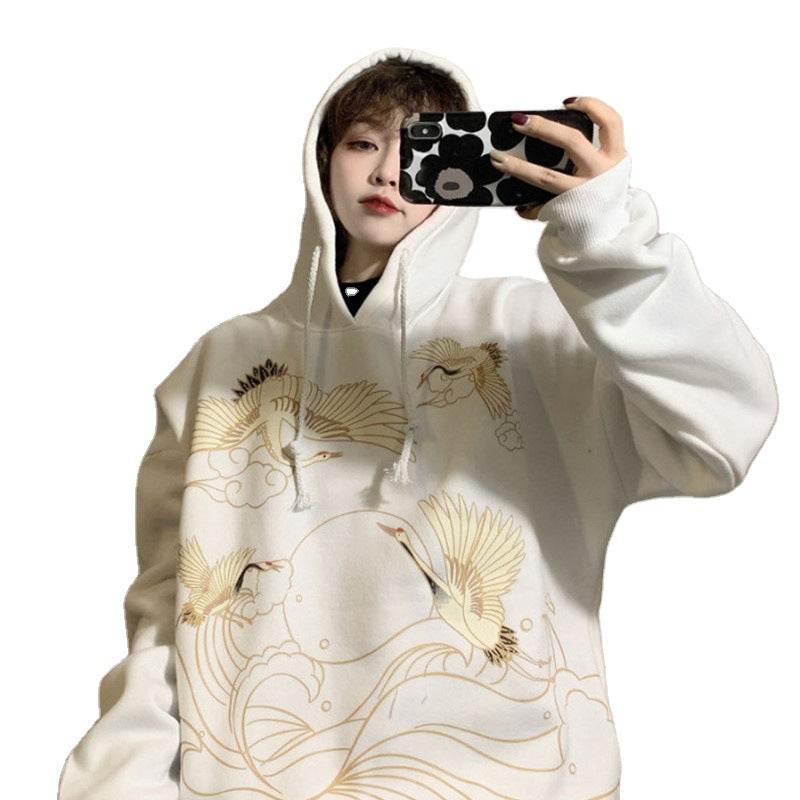 Retro Crane Print Loose Hooded Plus Velvet Sweater Women Plus Size Coat