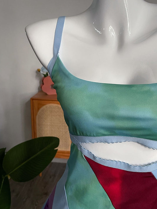 Y2K Aesthetic Patchwork Front Cut Out Stripe Spaghetti Strap Sexy Rave Party Dresses