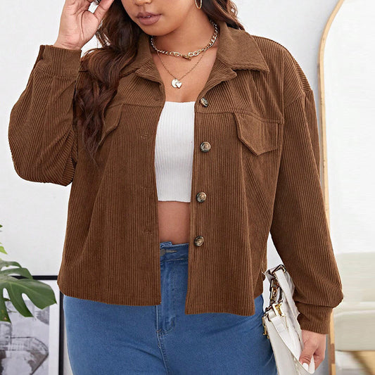 Plus Size Women's Loose Casual Short Corduroy Lapel Jacket