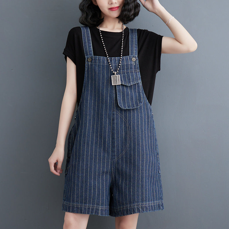 Summer New Large Vertical Stripe Denim Strap Shorts For Women