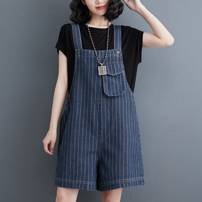 Summer New Large Vertical Stripe Denim Strap Shorts For Women