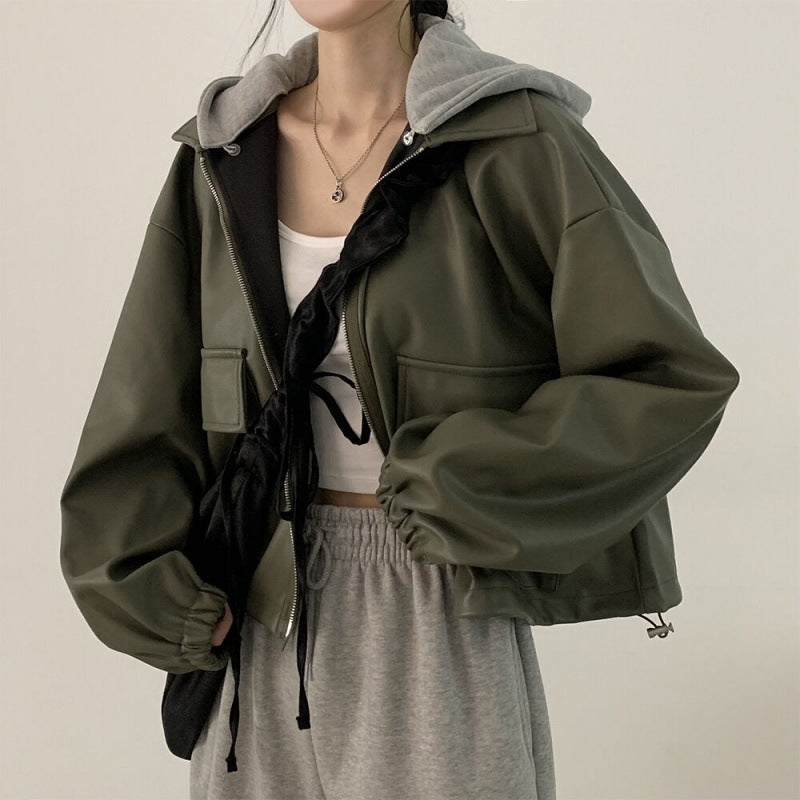 Casual Loose All-matching Short Hooded Leather Coat For Women