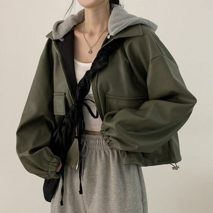 Casual Loose All-matching Short Hooded Leather Coat For Women