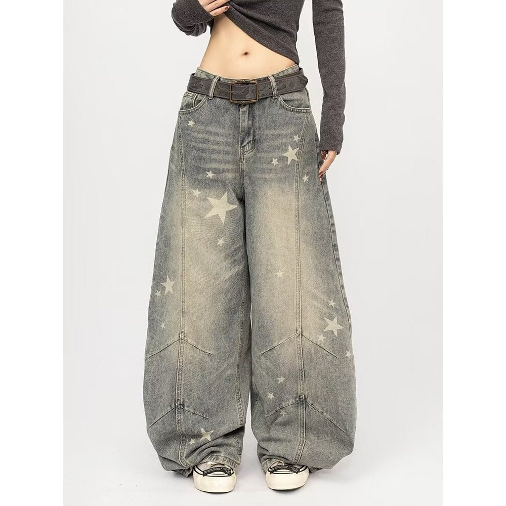 Vintage Washed Distressed Gray Splatter Curved Knife Jeans For Men