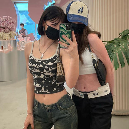 Retro Black Y2K Personalized Print Vest Sling Hot Girl Summer Slim Top