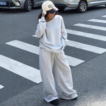 Casual Sports Style Round Neck Loose Hoodie And Casual Pants Set For Women