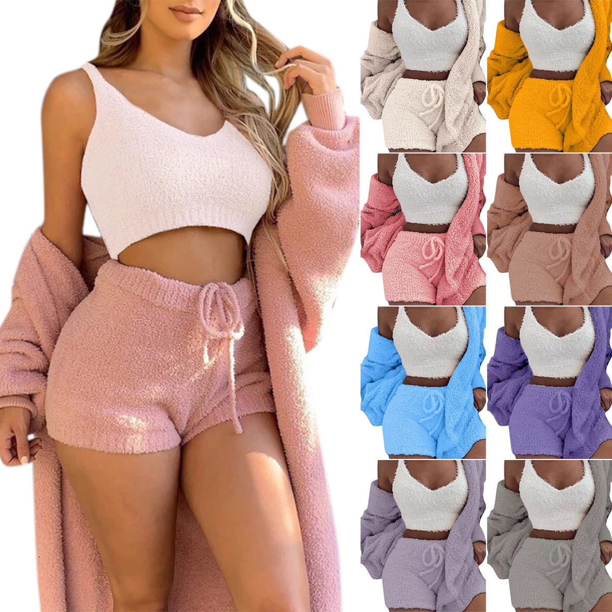 3pcs Womens Clothing Long Sleeve Crop Tank Top And Drawstring Shorts Set