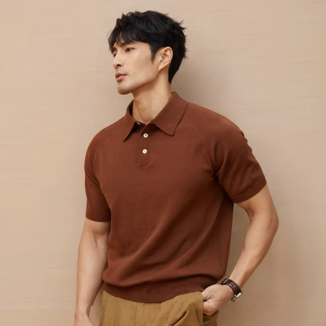 Men's Knitted T-shirt Thin Retro Lapel