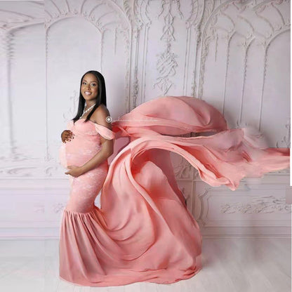 Mercerized Cotton And Chiffon Maternity Fluttering Sleeves Long Dress