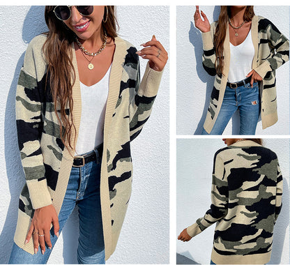 Knit Sweater Women's Long Camouflage Sweater Cardigan