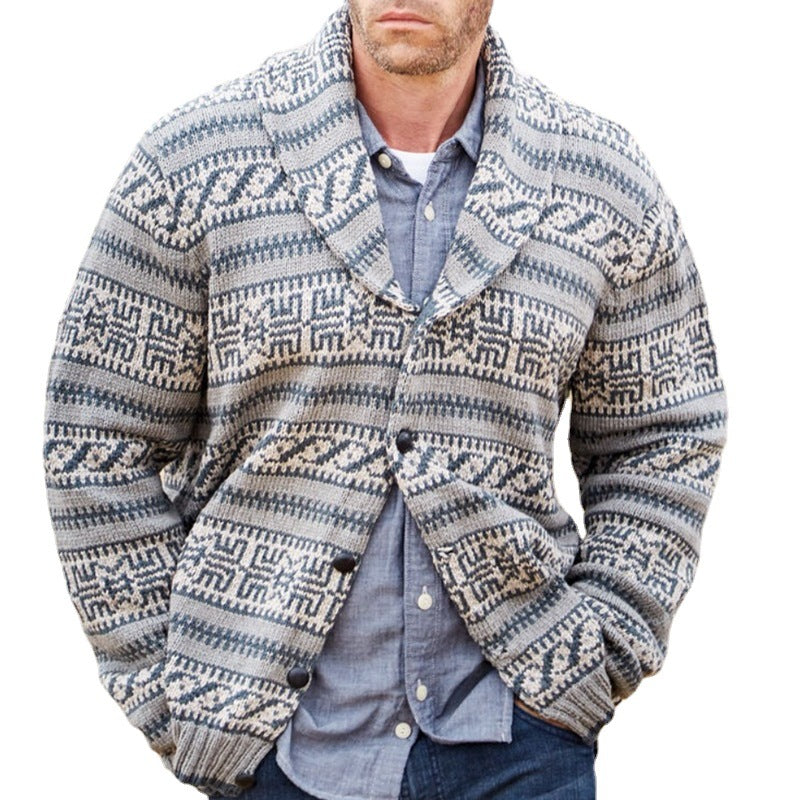 Men’s Thickened Jacquard Wool Cardigan – Fall Winter Long Sleeve Coat