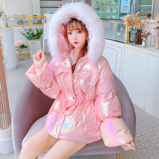 Fox Real Fur Collar Candy Color Shell Color Down Jacket Shiny Cotton Jacket Women Winter Cute Little Fragrant Wind Cotton Jacket