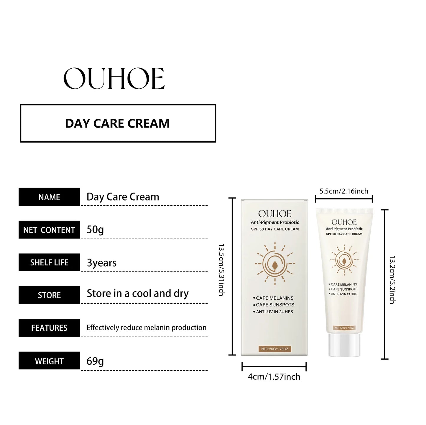 Ouhoe 50g Spf50 Sunblock Cream Whitening Skin Summer Outdoor Sun Block Reduce Redness Anti Uv Moisturizer Oil Control Sunscreen