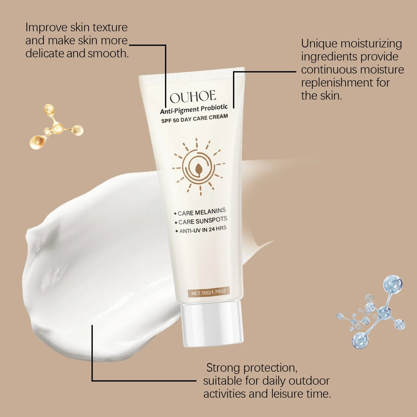 Ouhoe 50g Spf50 Sunblock Cream Whitening Skin Summer Outdoor Sun Block Reduce Redness Anti Uv Moisturizer Oil Control Sunscreen