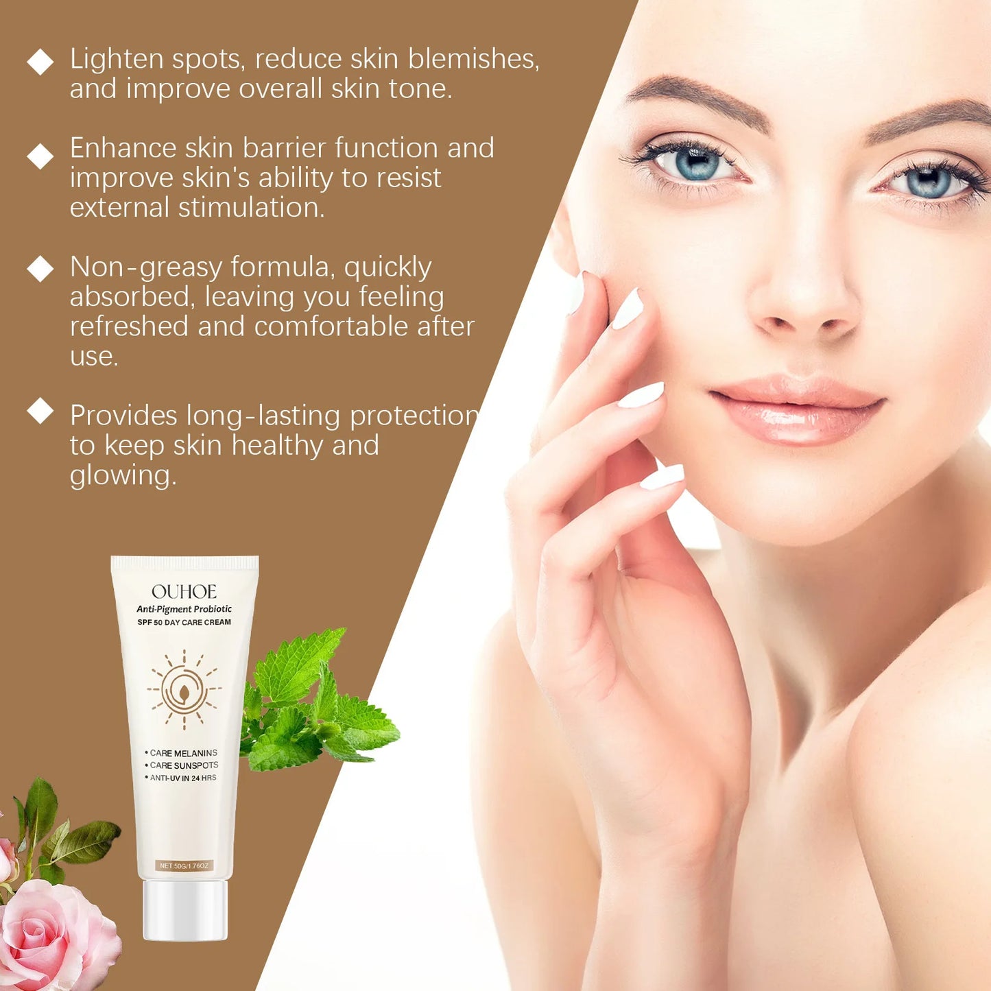 Ouhoe 50g Spf50 Sunblock Cream Whitening Skin Summer Outdoor Sun Block Reduce Redness Anti Uv Moisturizer Oil Control Sunscreen